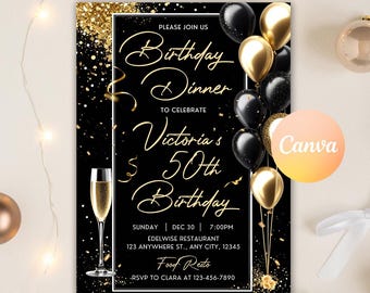 Birthday Dinner Invitation, Black Tie Glam Invitation, Black and Gold Birthday Invitation, Any Age Adult Birthday, Editable Canva Template