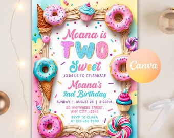 May include: A pink and blue birthday invitation with a donut theme. The invitation says "Moana is TWO Sweet" and includes details for a 2nd birthday party. The invitation is decorated with colorful donuts, cupcakes, and sprinkles.