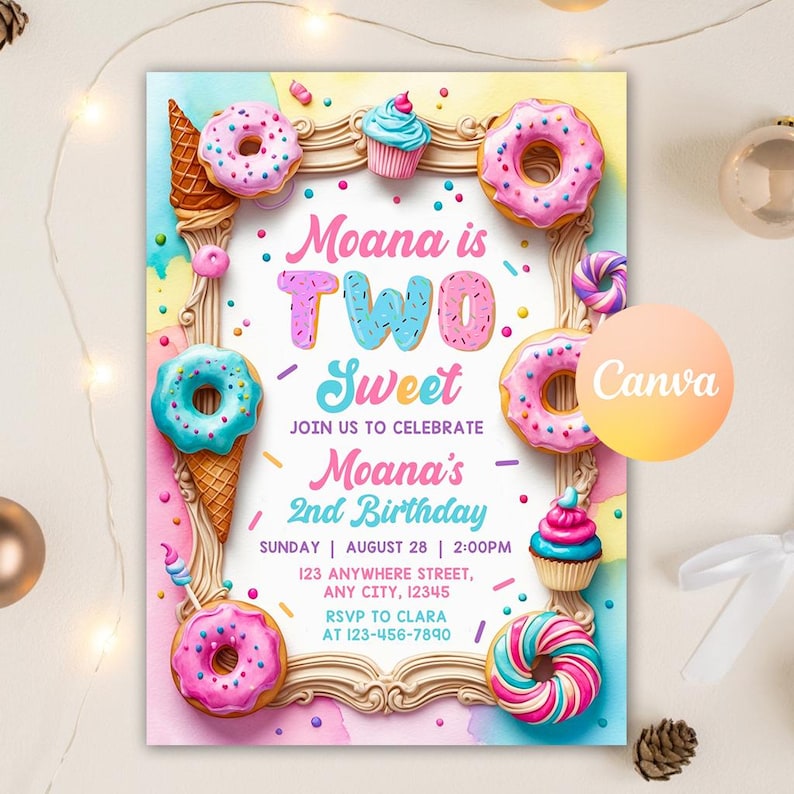 May include: A pink and blue birthday invitation with a donut theme. The invitation says "Moana is TWO Sweet" and includes details for a 2nd birthday party. The invitation is decorated with colorful donuts, cupcakes, and sprinkles.