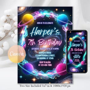 May include: A digital invitation for Harper's 7th birthday, featuring a space theme with planets and a galaxy background. The invitation includes the text "Join us to celebrate" and event details. A phone displays the same design.