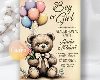 Teddy Bears Gender Reveal Invitation, Pink And Light Blue He or She, Teddy Bear Idea Gender Reveal Party Invite, Editable Canva Template