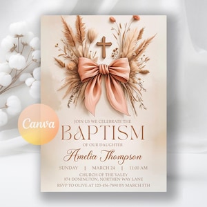 Girl&#39;s Baptism Invitation: Beige Bow, Rosary Design (Editable Canva Template)
