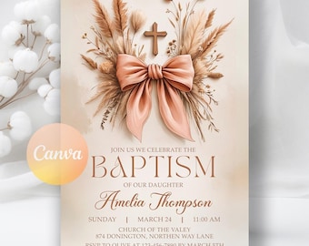 Invitación de bautizo para niña: Lazo beige y diseño de rosario (Plantilla editable de Canva)