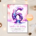 Pink 6th Birthday Invitation, Glitter Birthday, Pink Purple Watercolor Girl Birthday Invitation Printable Invite Editable Canva Template