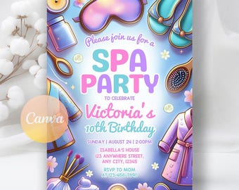 Spa Party Birthday Invitation, Pamper Party Birthday Invite, Glam Party Birthday, Spa Girls Birthday Invitation, Editable Canva Template