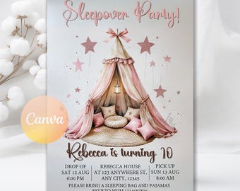 Sleepover Birthday Invitation, Slumber Party Birthday Invitation, Sleepover Invite, Pink Girl Spa Digital Download, Editable Canva Template