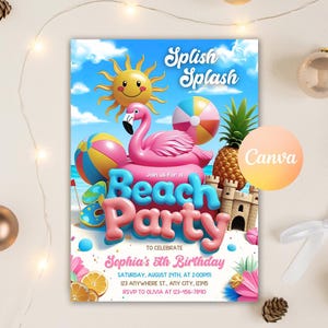 Strandparty-Geburtstagseinladung, Strandparty-Einladung, Sommerparty-Einladung, Pool-Party einladen, Ozean-Thema, bearbeitbare Canva-Vorlage