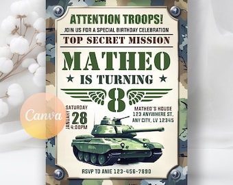 May include: An invitation with a military theme. The text reads "ATTENTION TROOPS!" and "TOP SECRET MISSION". The invitation includes the name "MATHEO" and the number "8". A green tank illustration is at the bottom. The date is January 28.