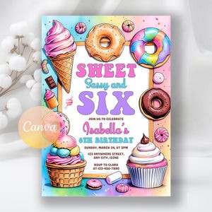 Sweet Sassy Six-verjaardagsuitnodiging: pastelkleurige snoepjes, bewerkbare canvassjabloon (digitale download)