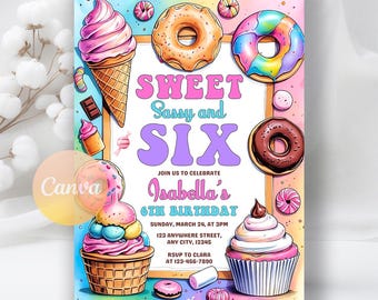 Sweet Sassy Six Birthday Invitation: Pastel Sweets, Editable Canva Template (Digital Download)