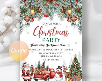 Könnte beinhalten: Weihnachtsparty-Einladung mit festlichen Aquarellillustrationen. Die Einladung zeigt einen roten LKW mit Geschenken, den Weihnachtsmann, einen Schneemann und einen geschmückten Weihnachtsbaum. Der Text lautet "Join us for a Christmas Party".