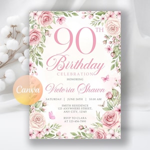 Op de afbeelding: Een bloemen uitnodiging voor een 90e verjaardag met roze rozen en groene bladeren. De uitnodiging bevat de tekst "90e verjaardag viering" en details van het evenement, inclusief de naam van de geëerde, datum, tijd en locatie.