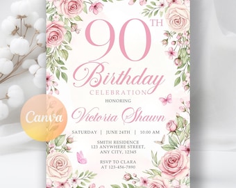 May include: A floral 90th birthday invitation with pink roses and green leaves. The invitation includes the text "90th Birthday Celebration" and details for the event, including the honoree's name, date, time, and location.