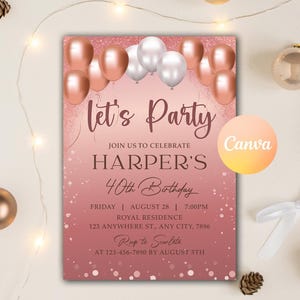 Editable Rose Gold Birthday Invitation, Let's Party Rose Gold Balloons Invite, Printable or Text, Surprise Party, Editable Canva Template