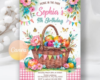 Picnic In the Park Birthday Invitation, Picnic Invitation, Girl Summer Picnic Party, Picnic Party DIgital Download, Editable Canva Template