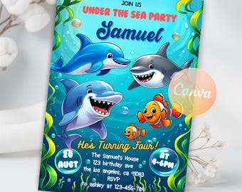 May include: An invitation for an "Under the Sea Party" featuring cartoon dolphins, sharks, and clownfish. The invitation is for Samuel's fourth birthday, with details including the date, time, and location in Los Angeles, CA.
