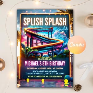 Editable Waterslide Birthday Invitation, Summer Pool Party, Splash Birthday Evite, Water Slide Bash Party Invite, Editable Canva Template