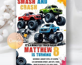Monster Truck Birthday Invitation, Boy Monster Truck Invite, Monster Truck Party Invitation, Trucks Birthday Invite, Editable Canva Template
