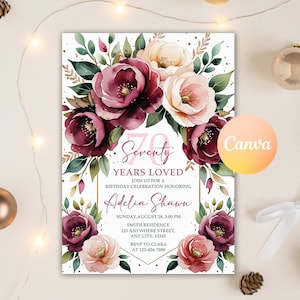 Invito per il 70° compleanno di una donna, modello digitale per invito a una festa di compleanno a sorpresa floreale, invito per qualsiasi età, modello Canva modificabile