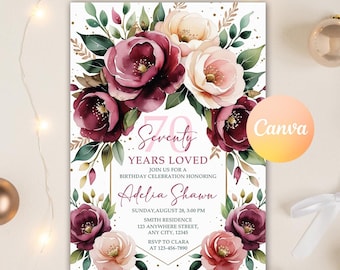 May include: A floral-themed invitation for a 70th birthday party. The invitation features a pink and gold design with burgundy and peach flowers. The text on the invitation reads "Seventy Years Loved" and "Join us for a Birthday Celebration Honoring Adelia Shawn". The invitation also includes the date, time, location, and RSVP information.