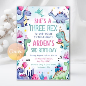 Dinosaur Birthday Invitation, Three Rex Birthday Girl Invitation, Pastel Cute Dinosaur Party Invite, Girl Birthday, Editable Canva Template