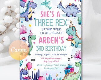 Invitación de cumpleaños de dinosaurio, invitación de cumpleaños para niña de tres Rex, invitación para fiesta de dinosaurios pastel, cumpleaños de niña, plantilla editable de Canva