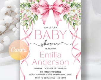 Pink Bow Baby Shower Invitation, Floral Girl Coquette Baby Shower Invite, Floral Bow Girl Baby Shower Party Invite, Editable Canva Template