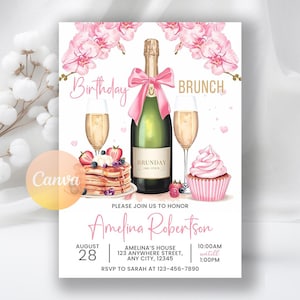 Invitación de brunch de cumpleaños, invitación con champán, volante de panqueques, invitación de cupcake rosa para una chica coqueta, fiesta de brunch, plantilla editable de Canva