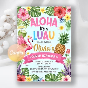 Puede incluir: Una colorida invitación con temática tropical. El diseño presenta las palabras "Aloha, It's a Luau" con un flamenco, una piña y elementos florales. La invitación es para el cuarto cumpleaños de Olivia.