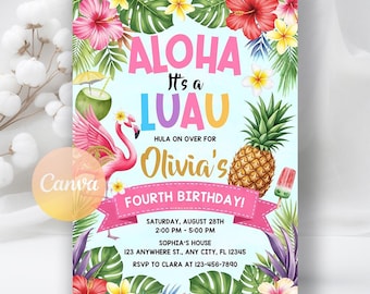 Plantilla de invitación de cumpleaños Aloha Luau, invitación de cumpleaños Aloha Pineapple Pool, invitación imprimible de Luau hawaiano, plantilla editable de Canva