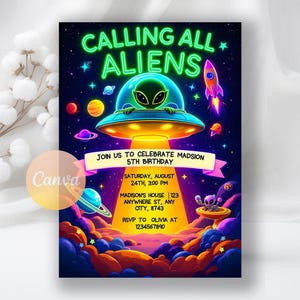 May include: A colorful invitation with the text "CALLING ALL ALIENS" and details for a 5th birthday party. The design features a UFO, an alien, planets, and a rocket against a starry background.