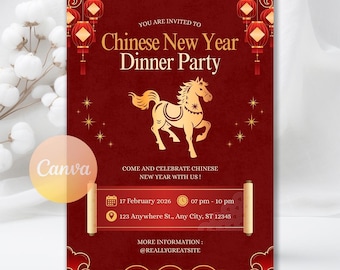 Invito per il Capodanno cinese, celebrazione cinese del Capodanno lunare del cavallo 2026, download digitale, modello Canva modificabile