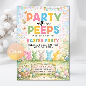 Op de afbeelding: Uitnodiging voor een paasfeest met pastelkleuren. De uitnodigingstekst luidt "Party with my Peeps" en bevat de datum, tijd en locatie. Het ontwerp toont paaseieren, konijntjes en bloemmotieven.