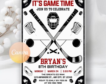 Ice Hockey Birthday Invitation: Sports Theme, Editable Canva Template (Digital Download)