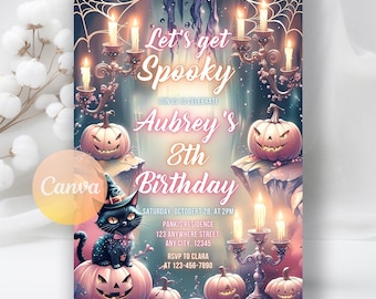 Pink Spooky Birthday Invitation, Girl Halloween Birthday Invite, Spooky Tween Party Invite, Neon Halloween Invite, Editable Canva Template