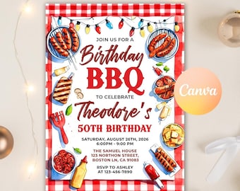 BBQ Birthday Invitation, Barbeque Birthday Invitation, BBQ Invitation, Barbecue Grill Backyard Party Printable Editable Canva Template