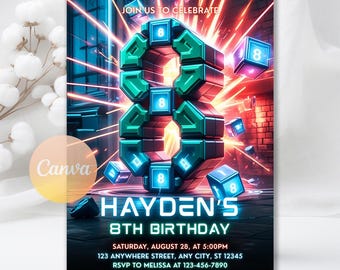8th Birthday Invitation, Boy Birthday Invitation, 8th Invite, Building Blocks Printable Invitation Digital Download, Editable Canva Template
