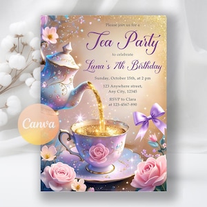 Puede incluir: Invitación a una fiesta de té con una tetera vertiendo en una taza, rodeada de rosas rosas y un lazo morado. El texto de la invitación dice "Tea Party" para celebrar "Luna's 7th Birthday".