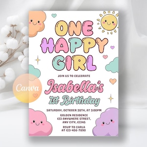 One Happy Girl Birthday Invitation: Sunshine 1st Birthday, Editable Canva Template (Digital Download)