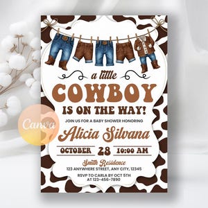 A Little Cowboy Baby Shower Invitation, Wild West Baby Shower Invite, Brown Cowboy Baby Shower Printable Invitation, Editable Canva Template