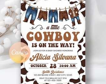 A Little Cowboy Baby Shower Invitation, Wild West Baby Shower Invite, Brown Cowboy Baby Shower Printable Invitation, Editable Canva Template