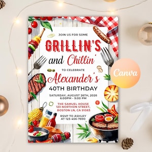 May include: A barbecue-themed invitation with the text "Grillin's and Chillin'" to celebrate Alexander's 40th birthday. The design includes illustrations of grilled food, a red and white checkered pattern, and the Canva logo.