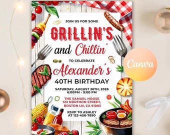 Editable BBQ Birthday Invitation, Barbeque Birthday Invitation, BBQ Invitation, Barbecue Grill Invitation, Backyard Party Invitation, Canva