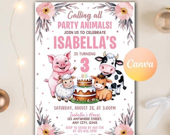 Calling All Party Animals Invitation, Farm Girl Birthday Invitation, Pink Girl Farm Barnyard Birthday Party Invites, Editable Canva Template