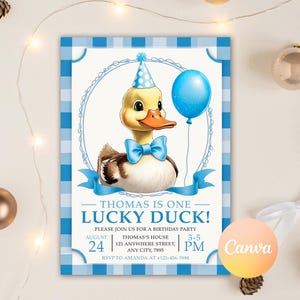 One Lucky Duck Invitation, First Birthday Invite, Lucky Duck Birthday Invitation, Mallard Duck 1st Birthday Invite, Editable Canva Template