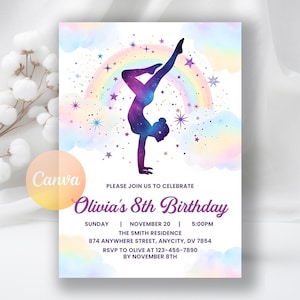 Può includere: Un invito di compleanno con la silhouette di una ginnasta in verticale, su sfondo arcobaleno e stellato. Il testo recita "Olivia's 8th Birthday", con dettagli dell'evento come data, ora, luogo e informazioni RSVP.
