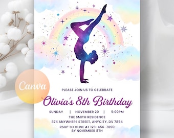 Invito di compleanno a tema ginnastica, invito a tema ginnastica arcobaleno per bambine, festa di ginnastica per bambini con acquerello, download digitale, modello Canva modificabile