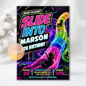 May include: A neon-themed birthday invitation card featuring a glowing, multi-colored water slide with silhouettes of people sliding down. The text reads: READY TO GLOW? SLIDE INTO MARSON 8TH BIRTHDAY, AUGUST 28, ANDREW'S HOUSE 123 ANYWHERE ST., ANY CITY, 8743, START 7PM.