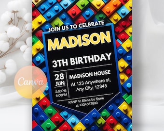 Building Blocks Birthday Invitation, Construction Theme Party Invite, Blocks Birthday Printable Invite Digital, Editable Canva Template