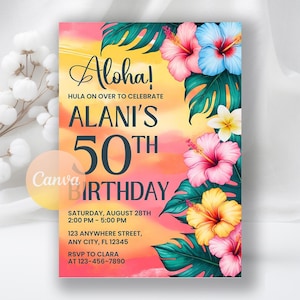 Tropical Birthday Invitation, Hawaiian Birthday Invitation, Luau Invitation, Aloha Party Invite, Instant Download, Editable Canva Template
